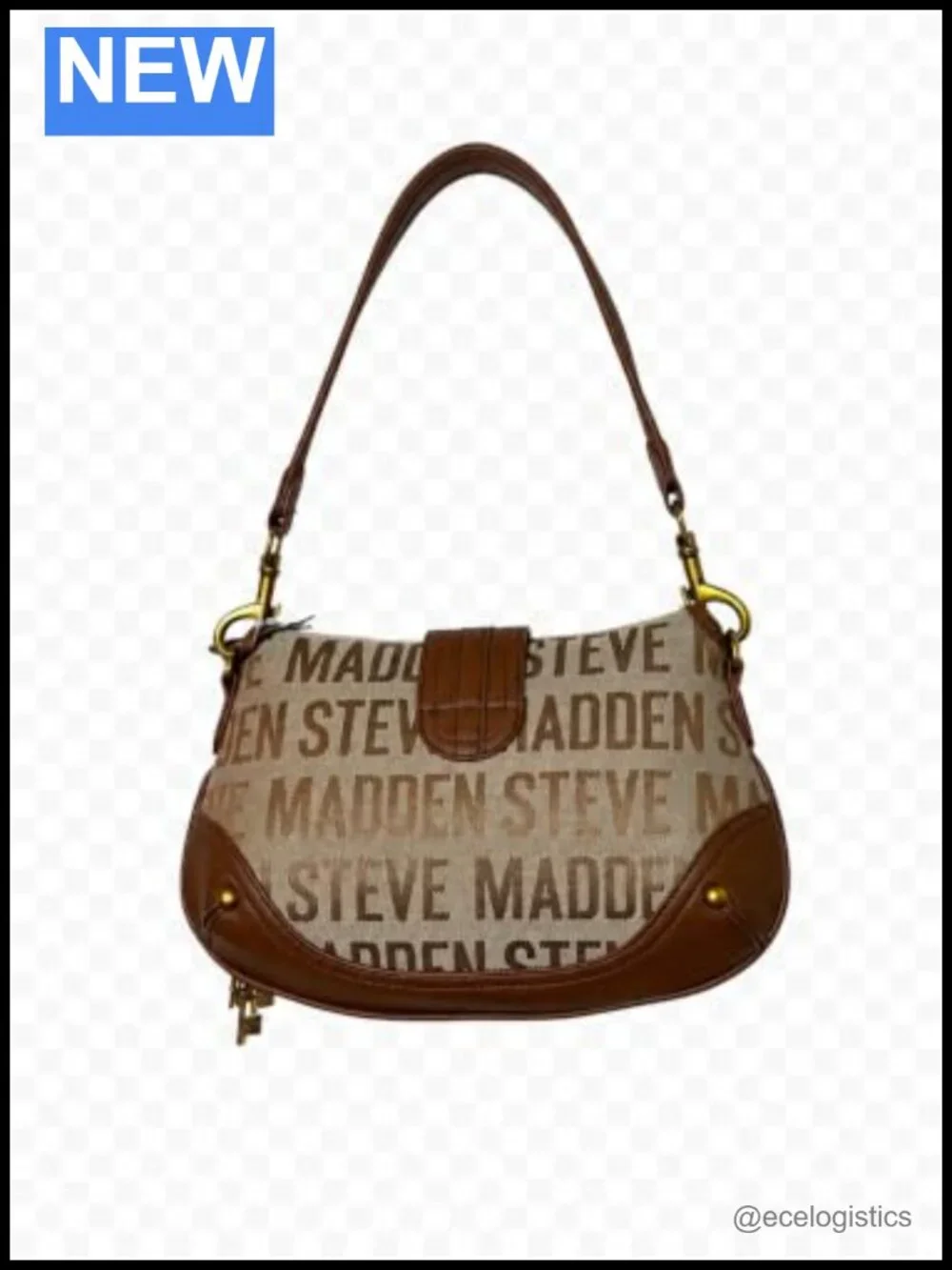 Faux Leather Logo Print Shoulder Bag with Chain Strap